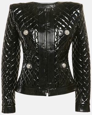 Balmain Black Faux Leather Button Detail Quilted Jacket S