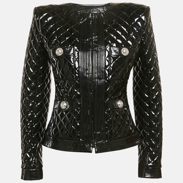 Balmain Black Faux Leather Button Detail Quilted Jacket S
