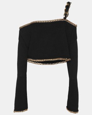 Balmain Black Rib Knit Chain Trim Off The Shoulder Crop Top M