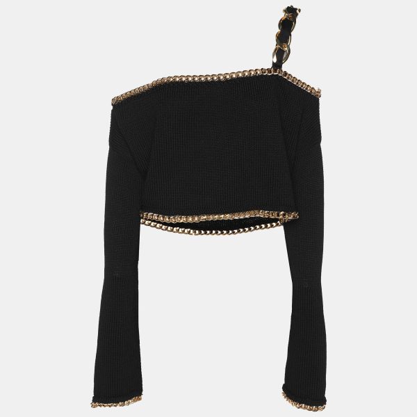 Balmain Black Rib Knit Chain Trim Off The Shoulder Crop Top M