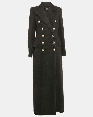 Balmain Black Shearling Double Breasted Long Coat L