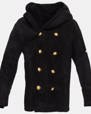 Balmain Black Wool Hooded Double Breast Shearling Coat 10A