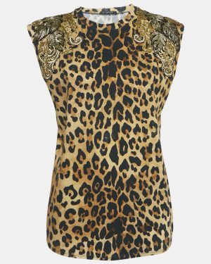 Balmain Brown Leopard Print Embellished Cotton Blend Knit Tank Top M