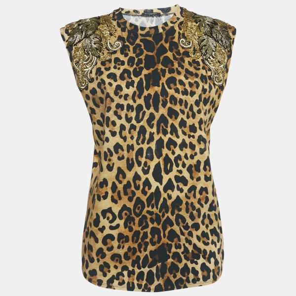 Balmain Brown Leopard Print Embellished Cotton Blend Knit Tank Top M