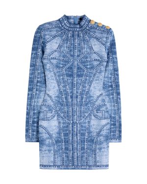 Balmain Denim-intarsia Knitted Mini Dress - 36 (UK8 / S)