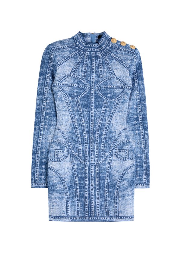 Balmain Denim-intarsia Knitted Mini Dress - 36 (UK8 / S)