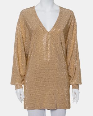 Balmain Gold Rhinestone Embellished Knit V-Neck Oversized Top M