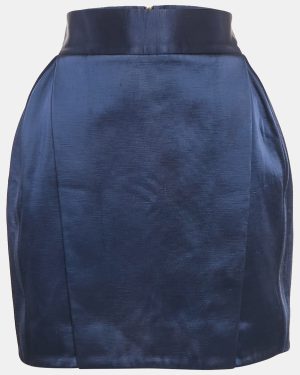 Balmain Navy Blue Cotton Blend Pleated Mini Skirt M