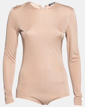 Balmain Nude Stretch Knit Long Sleeve Bodysuit M