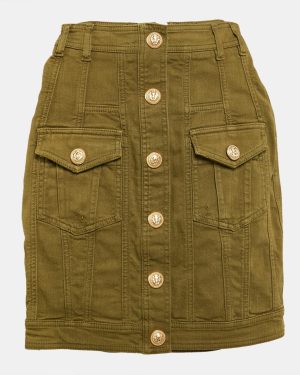 Balmain Olive Green Distressed Denim Accents Mini Skirt S