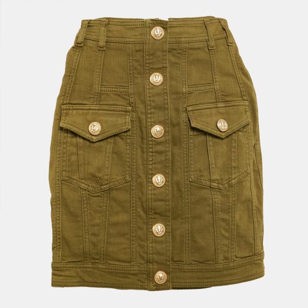 Balmain Olive Green Distressed Denim Accents Mini Skirt S