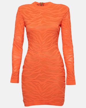 Balmain Orange Patterned Knit Bodycon Dress S
