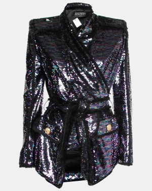 Balmain Purple Sequined Frayed Belted Blazer M