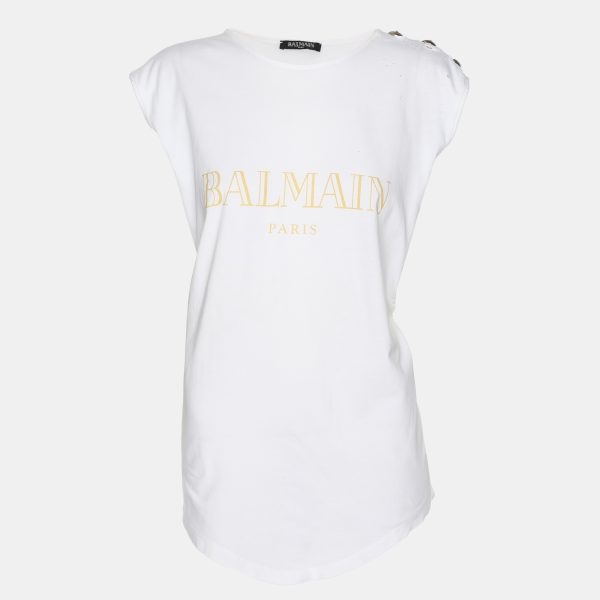 Balmain White Logo Printed Cotton Knit Sleeveless Tank Top L
