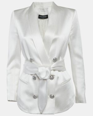 Balmain White Satin Belted Double Breasted Blazer M