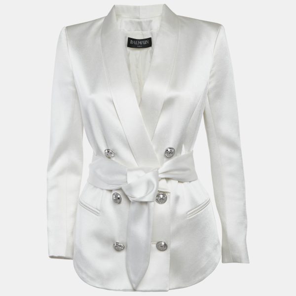 Balmain White Satin Belted Double Breasted Blazer M