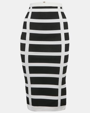 Balmain White/Black Intarsia Knit Zip-Up Pencil Midi Skirt S