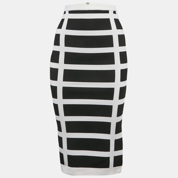 Balmain White/Black Intarsia Knit Zip-Up Pencil Midi Skirt S