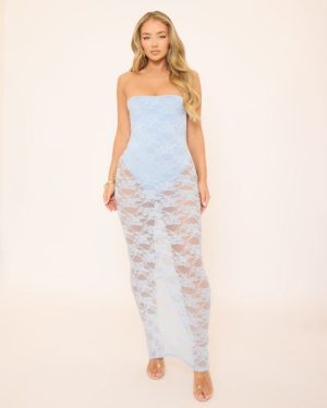 Bandeau Bodysuit Detail Maxi Dress In Blue Sheer Lace, Women's Size UK 6