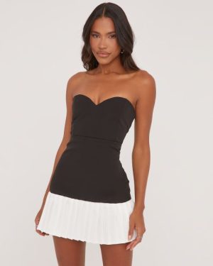 Bandeau Contrast Pleated Mini Dress In Black Woven, Women's Size UK Large L