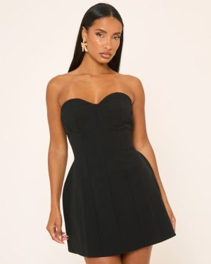 Bandeau Cup Detail A-Line Mini Dress In Black, Women's Size UK Medium M