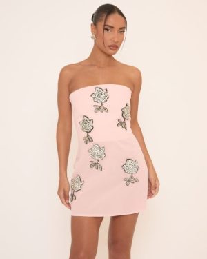 Bandeau Diamante Floral Detail Mini Bodycon Dress In Pink Velvet, Women's Size UK 6