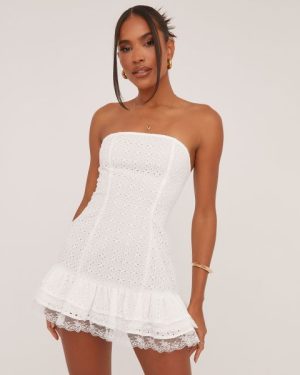 Bandeau Frill Hem Broderie Mini Dress In White, Women's Size UK 4
