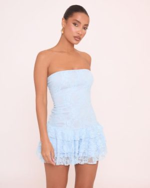 Bandeau Frill Hem Mini Dress In Blue Lace, Women's Size UK 4