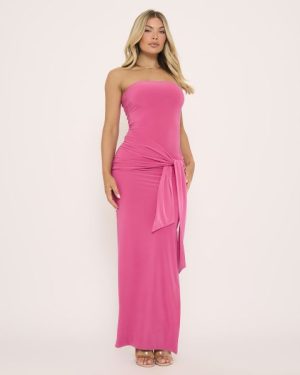 Bandeau Knot Side Detail Maxi Dress In Pink Slinky, Women's Size UK 6