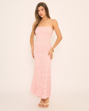 Bandeau Lace Up Back Maxi Dress In Pink Lace, Women's Size UK 8