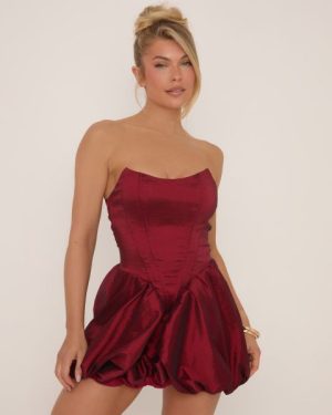 Bandeau Structured Corset Puffball Mini Dress In Burgundy Satin, Women's Size UK 6