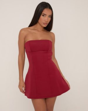 Bandeau Tailored Mini Dress In Red Woven, Women's Size UK Large L