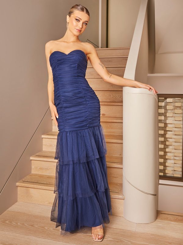 Bandeau Tulle Bodycon Maxi Dress in Navy - 8