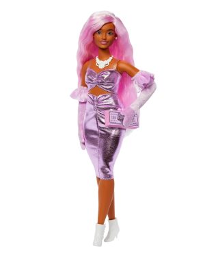 Barbie Deluxe Style Doll in Glossy Pink Barbiecore Dress with Velvet Gloves