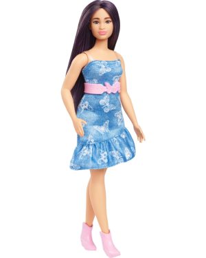 Barbie Fashionistas Doll #231 with Purple Hair Wearing Strapless Denim Butterfly-Print Dress with Pink Belt and Boots