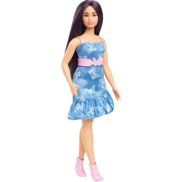 Barbie Fashionistas Doll #231 with Purple Hair Wearing Strapless Denim Butterfly-Print Dress with Pink Belt and Boots