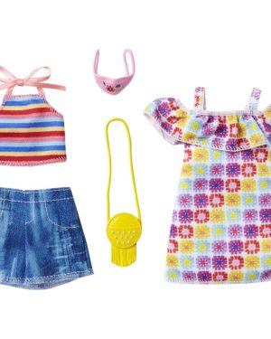 Barbie Fashions 2-Pack Clothing Set 2 Outfits Doll Includes Summery Off-The-Shoulder Print Dress Striped Halter Top & Denim Shorts & 2 Accessories