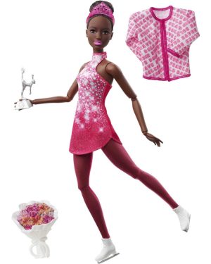 Barbie Winter Sports Ice Skater Brunette Doll (12 Inches) with Pink Dress Jacket Rose Bouquet & Trophy Great Gift for Ages 3 and Up