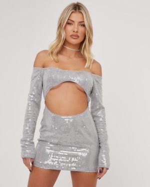 Bardot Cut Out Front Detail Mini Dress In Light Grey Sequin, Women's Size UK 8