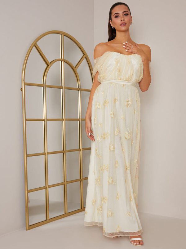 Bardot Embroidered Floral Lace Maxi Dress in Cream - 8