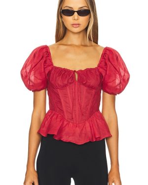 Bardot Esra Puff Sleeve Corset Top in Red. Size 2, 4, 6, 8.