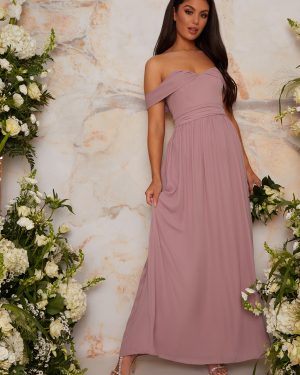 Bardot Off-Shoulder Maxi Dress in Mink - 8