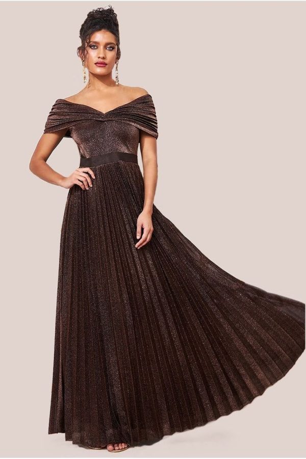 Bardot Pleated Skirt Maxi - Bronze by Goddiva