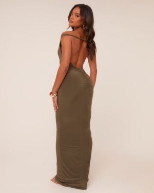 Bardot Ruched Bum Twisted Detail Maxi Dress In Khaki, Women's Size UK 4