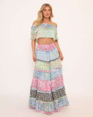 Bardot Ruffle Top And Maxi Skirt Co-Ord Set In Blue Multi Paisley Print, Women's Size UK Medium/Large M/L