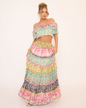 Bardot Ruffle Top And Maxi Skirt Co-Ord Set In Multi Paisley Print, Women's Size UK Medium/Large M/L