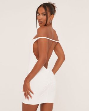 Bardot Twist Strap Detail Open Back Mini Bodycon Dress In White Slinky, Women's Size UK 4