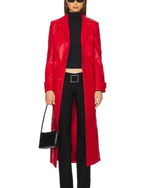 Bardot x REVOLVE Faux Leather Longline Coat in Red. Size S, XS.