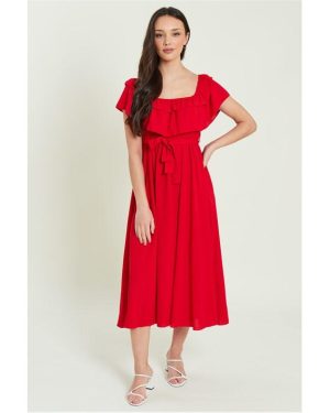 Be You Frill Bardot Belted Midaxi Dress - Red