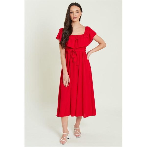 Be You Frill Bardot Belted Midaxi Dress - Red